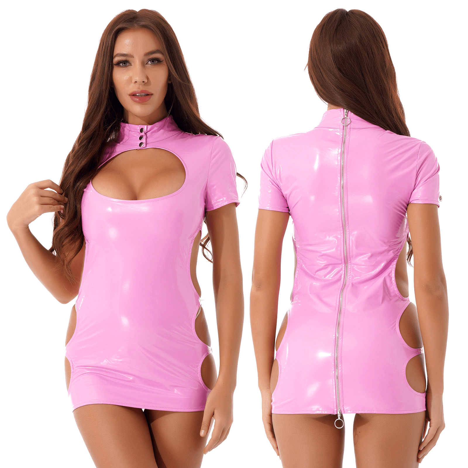 Women's pink patent leather bodycon mini dress with zipper, perfect for club parties and erotic photography.