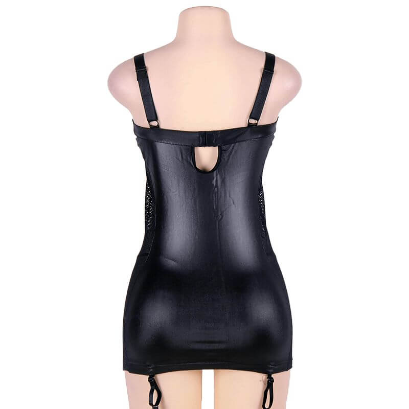 Back view of a sexy women's black latex mini dress with mesh crisscross detailing and adjustable straps.