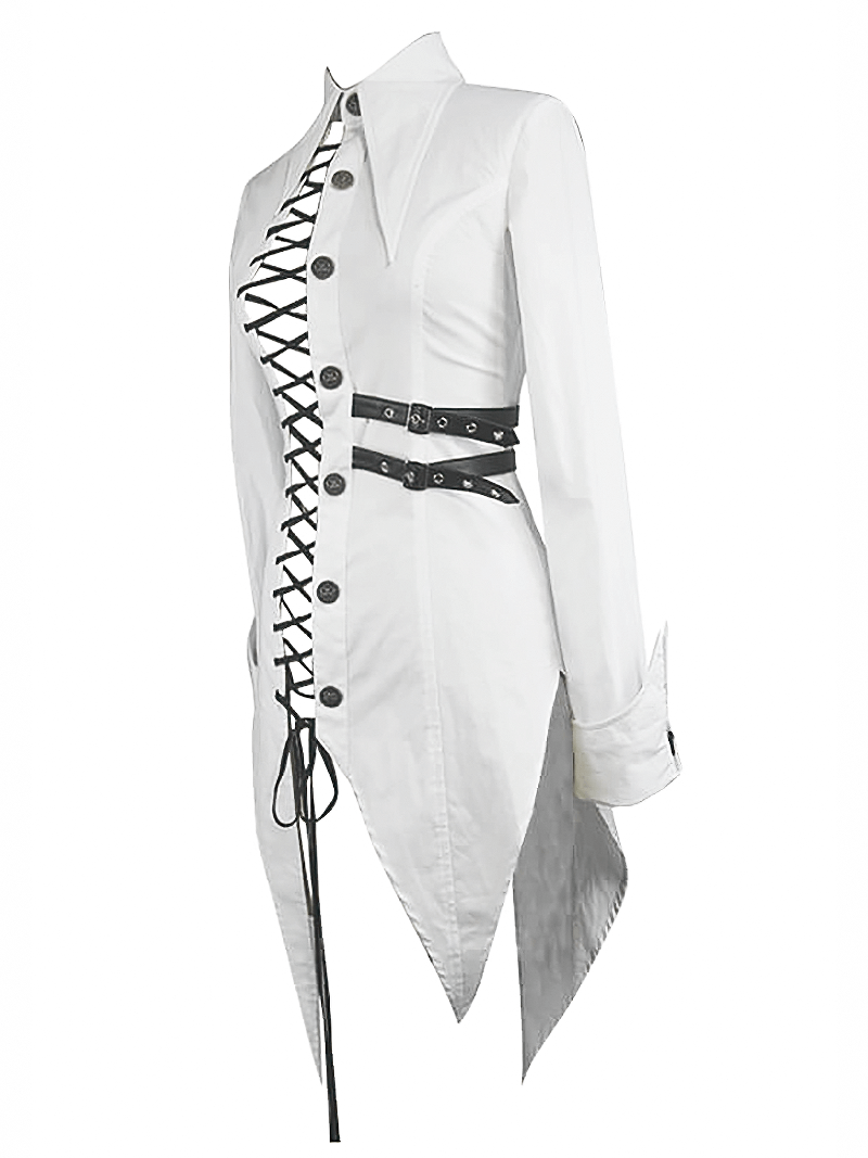 Women's White Gothic Irregular Blouse / Ladies Long Shirt With Buckle Belt and Lace-up Accents - HARD'N'HEAVY