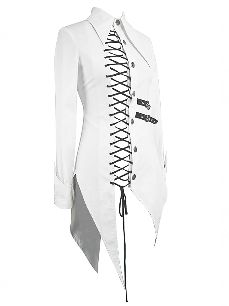 Stylish women's white gothic irregular blouse with lace-up accents and buckle belt, perfect for punk fashion.