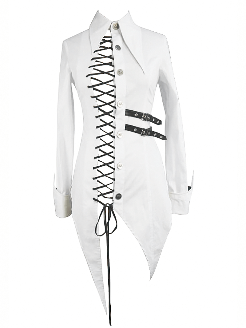 Women's white gothic blouse with lace-up front, asymmetrical cut, and buckle belt accents, perfect for punk fashion.