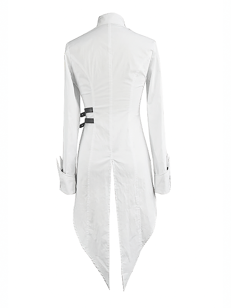 Back view of women's white gothic irregular blouse with buckle belt and lace-up accents, showcasing unique asymmetrical design.