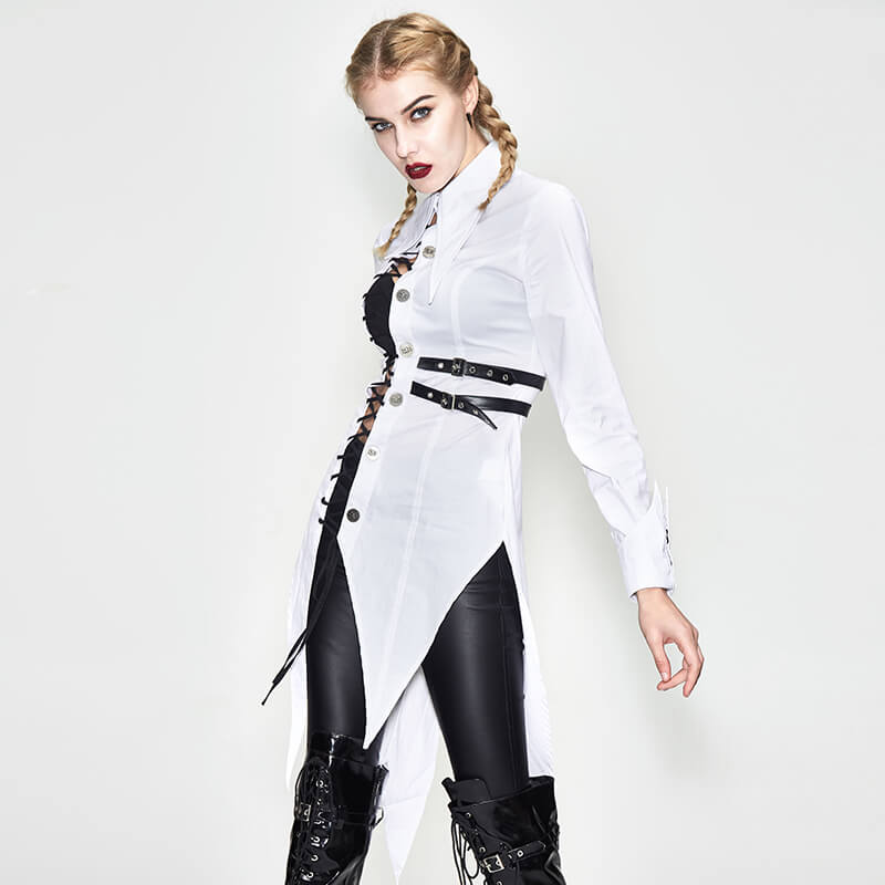 Women's punk white irregular blouse with buckle belt and lace-up accents, styled for a bold look.