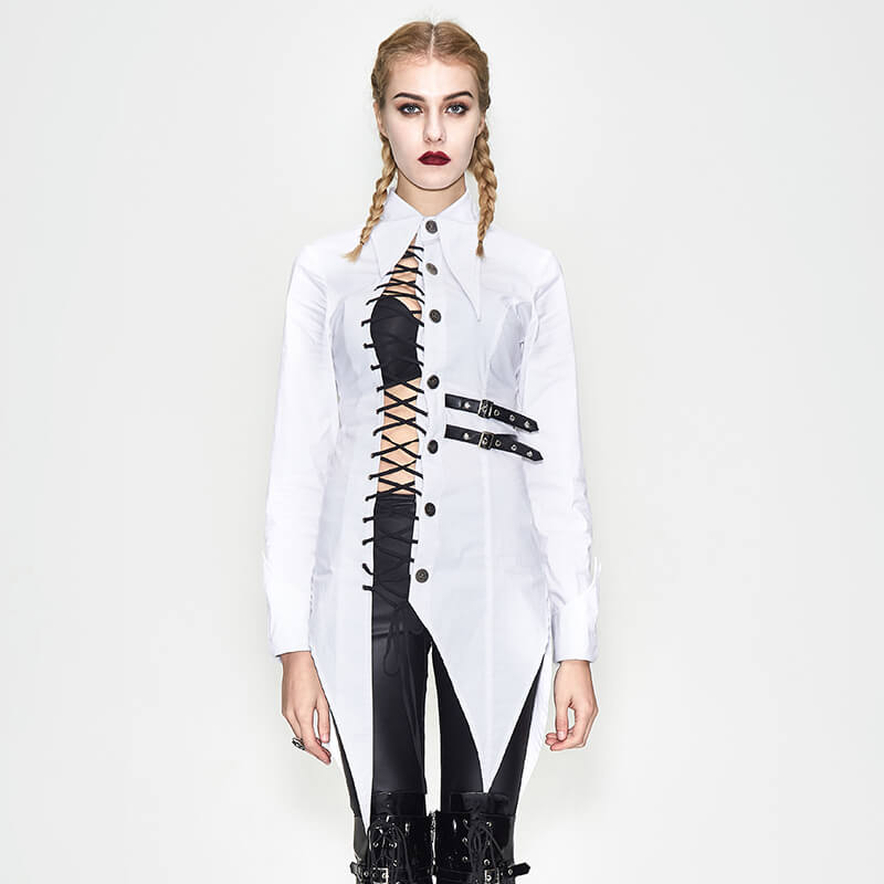 Women's white Gothic irregular blouse with lace-up accents and buckle belt, styled in a punk fashion.