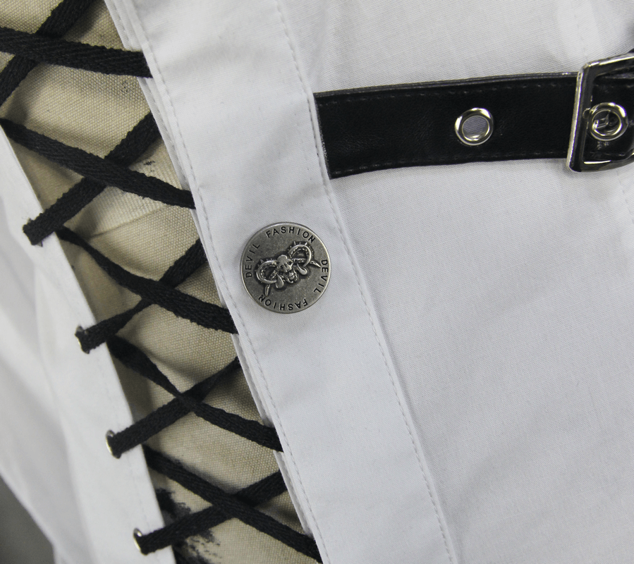Close-up of women's white shirt detailing, showcasing lace-up accents and buckle belt for a punk style.
