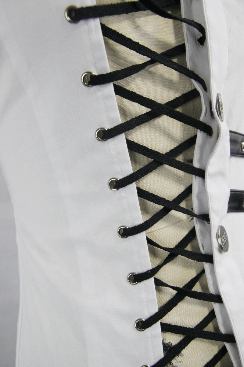 Close-up of lace-up accents on a women's white gothic blouse, showcasing stylish punk fashion details.