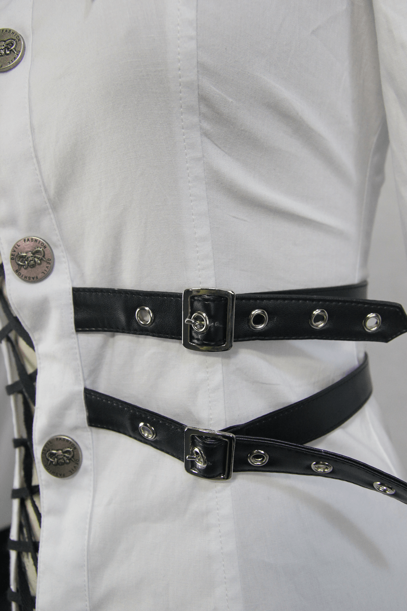 Close-up of a white gothic blouse featuring buckle belt accents and stylish buttons, perfect for punk fashion enthusiasts.