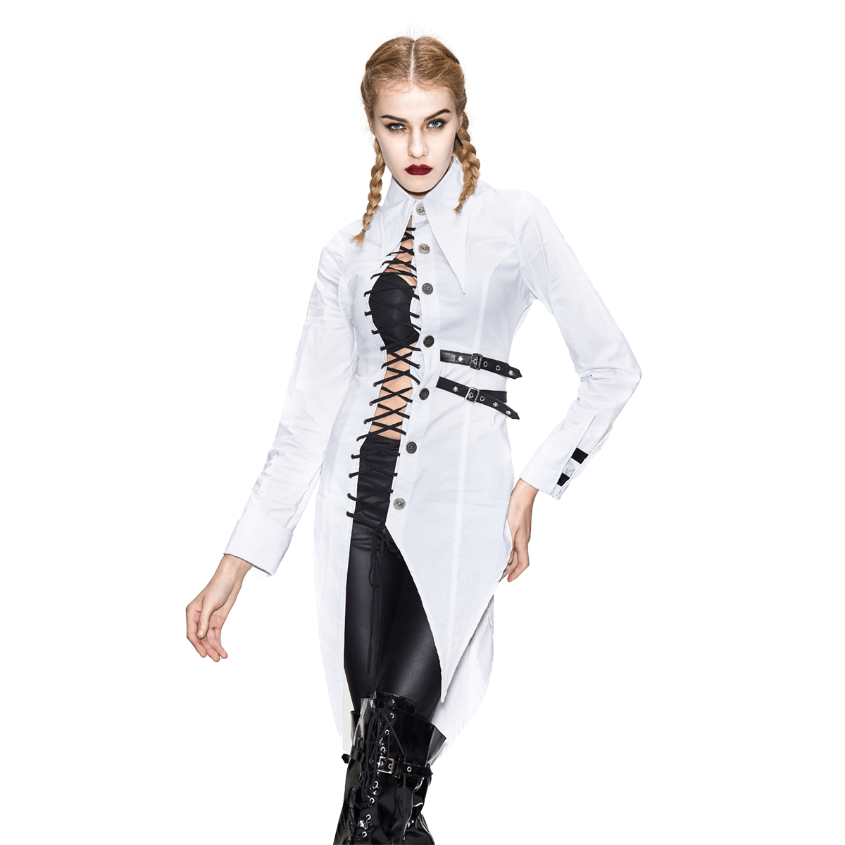 Stylish women's white gothic blouse with lace-up accents and buckle belt, perfect for punk fashion.