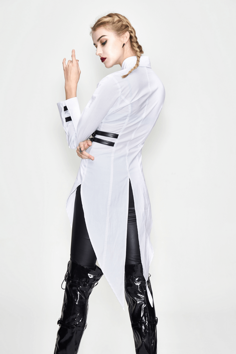 Model wearing a women's white gothic irregular blouse with buckle belt, showing asymmetrical design and punk style.
