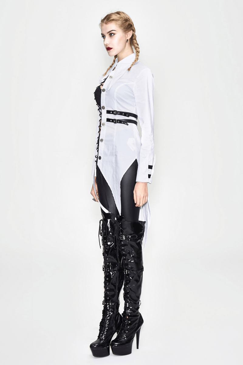 Female model showcasing a women's white gothic irregular blouse with buckle belt and lace-up accents.