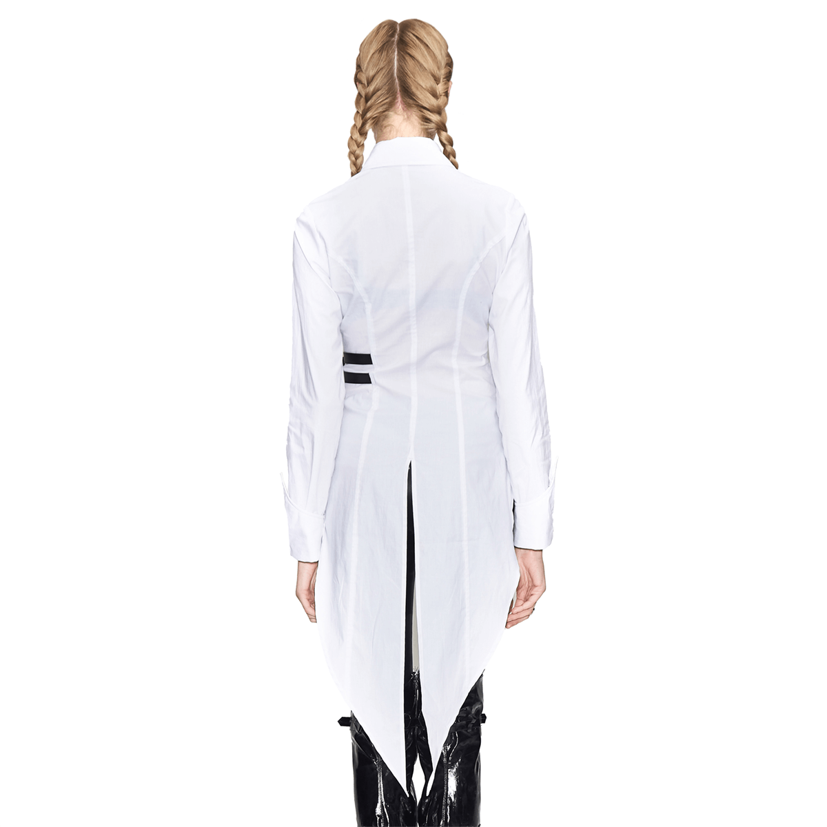 Back view of women's white gothic blouse with buckle belt and lace-up accents, showcasing punk style and irregular cut.