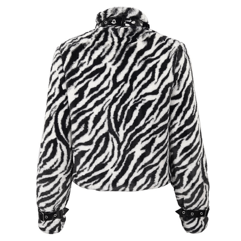 Women's zebra-stripe faux fur jacket with stand collar and buckles, stylish and warm alternative fashion apparel.