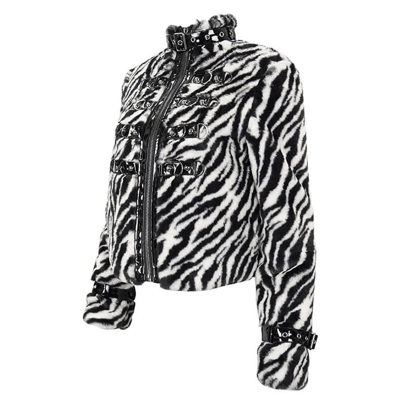 Women's Zebra-stripe Jacket with Stand Collar & Buckles / Faux Fur Zipper Warm Jackets