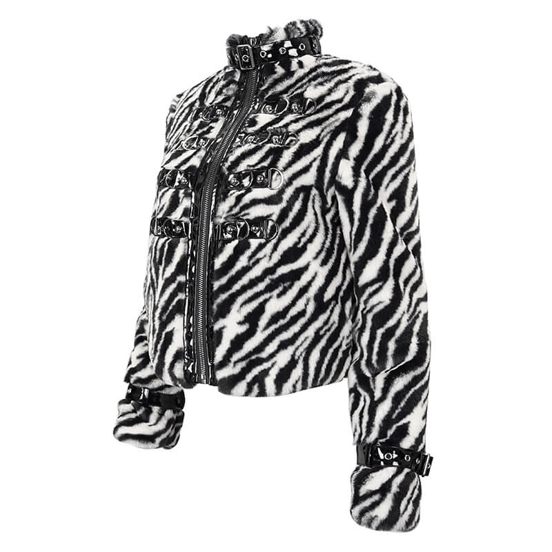 Stylish women's zebra-stripe faux fur jacket with stand collar, buckles, and a zipper for warmth and comfort.