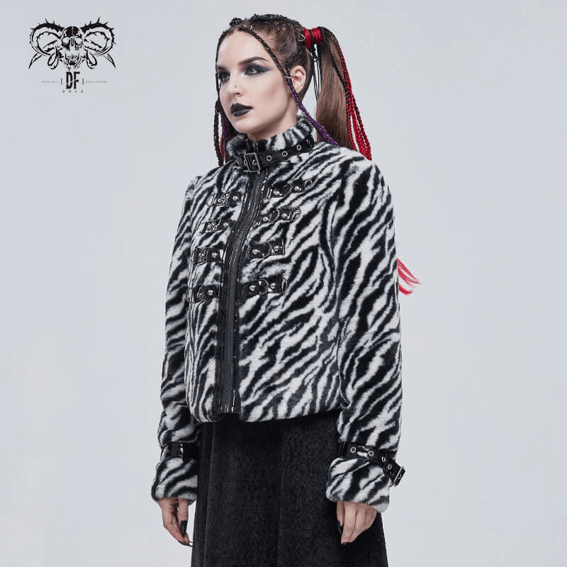 Stylish women's zebra-stripe faux fur jacket with stand collar and buckles, perfect for alternative fashion.