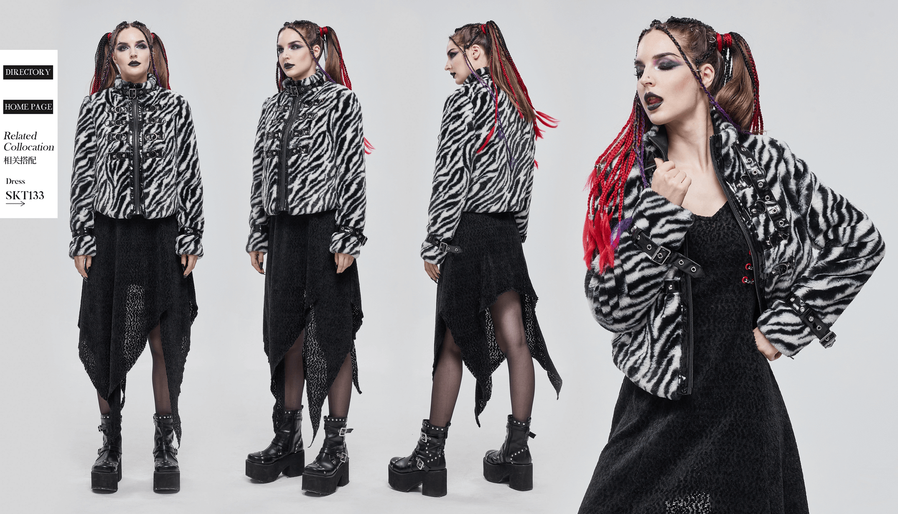 Stylish woman in zebra-stripe jacket, showcasing alternative fashion with faux fur and edgy accessories.