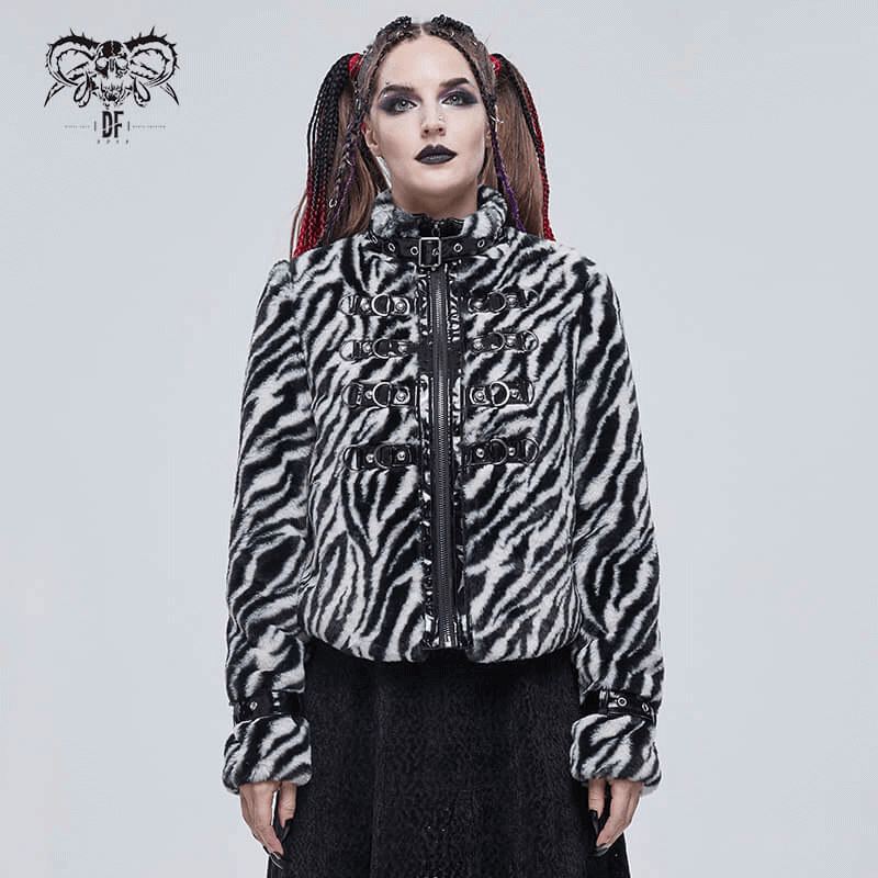 Women's zebra-striped faux fur jacket with zipper and buckles, perfect for alternative fashion.