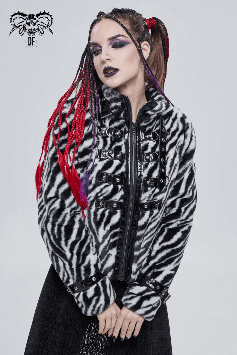 Stylish women's zebra-stripe faux fur jacket with stand collar and buckles, perfect for alternative fashion.