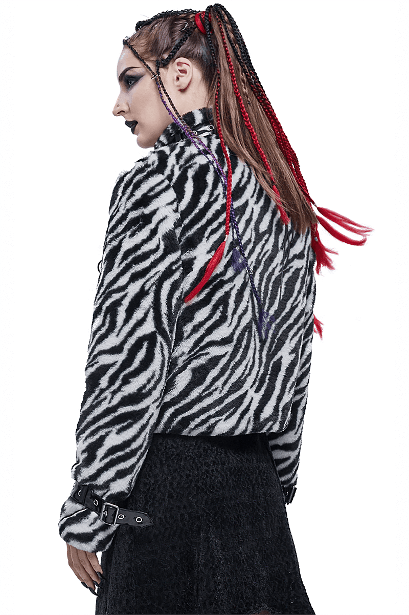 Stylish women's zebra-stripe jacket with stand collar and buckles, perfect for alternative fashion enthusiasts.