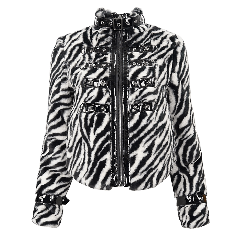 Stylish women's zebra-stripe faux fur jacket with stand collar, zipper, and buckle detailing for alternative fashion.