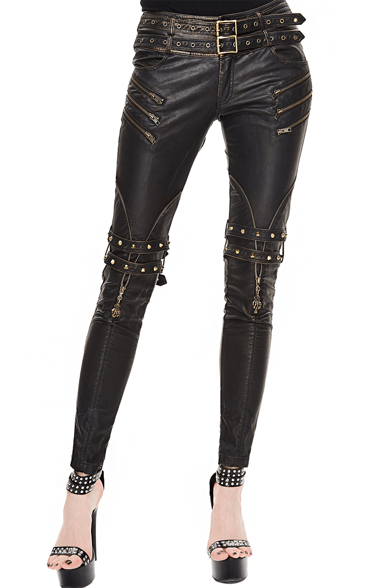 Women's Zippers Tight Pants with Belts / Steampunk PU Leather Pants / Rock Style Trousers - HARD'N'HEAVY