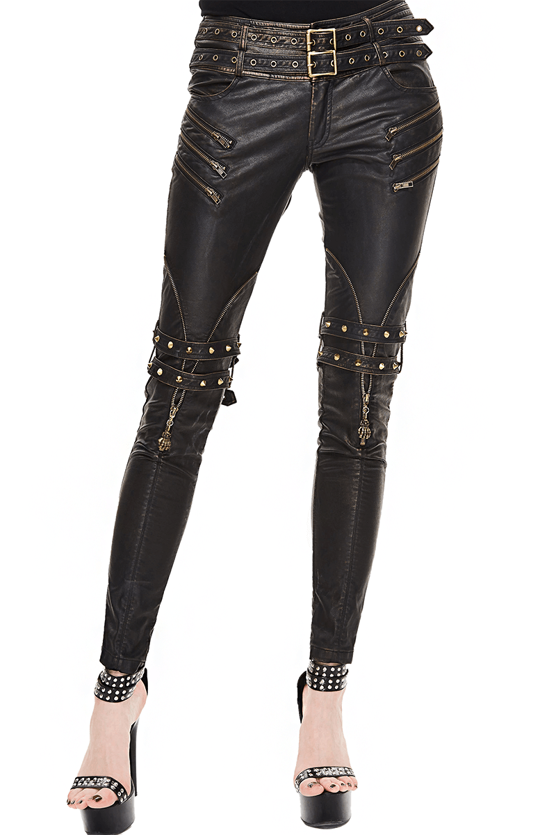 Stylish women's black PU leather pants with zippers and belts, featuring steampunk design and decorative rivets.