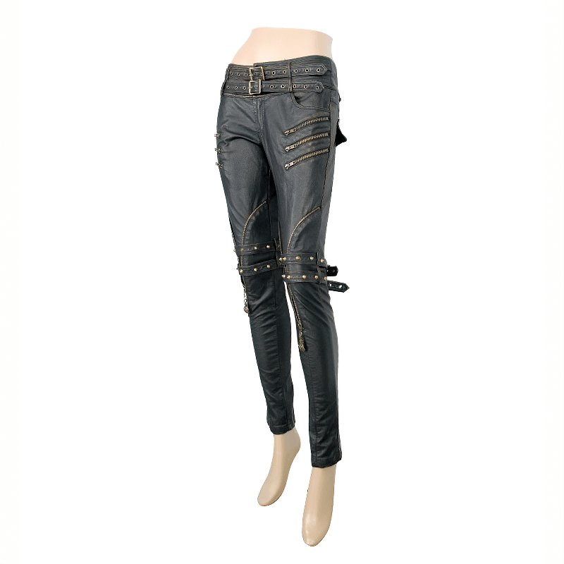 Women's stylish steampunk black PU leather pants with zippers and decorative rivets, perfect for rock style outfits.