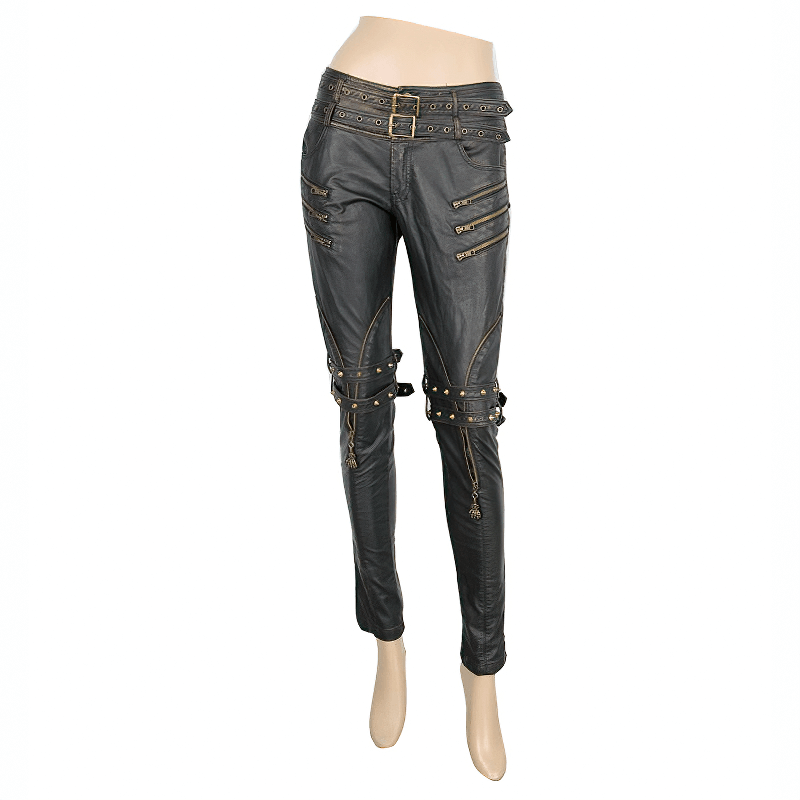 Women's black PU leather steampunk pants with zippers and decorative belts for a rock style look.