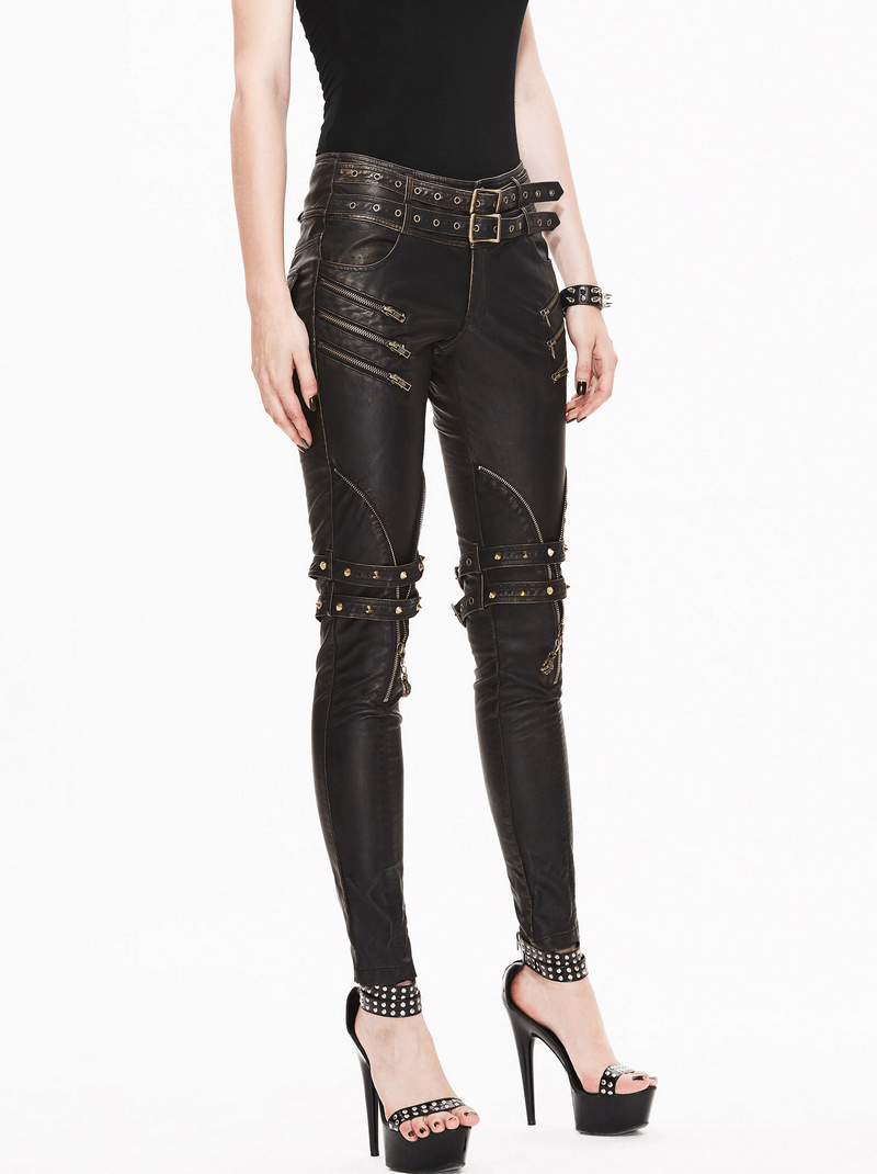 Stylish women's black PU leather steampunk pants with zippers, rivets, and a belt for a rock-inspired look.