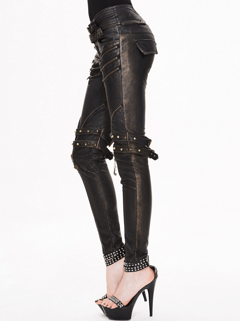 Stylish women's black PU leather steampunk pants with decorative zippers and rivets, paired with high heels.