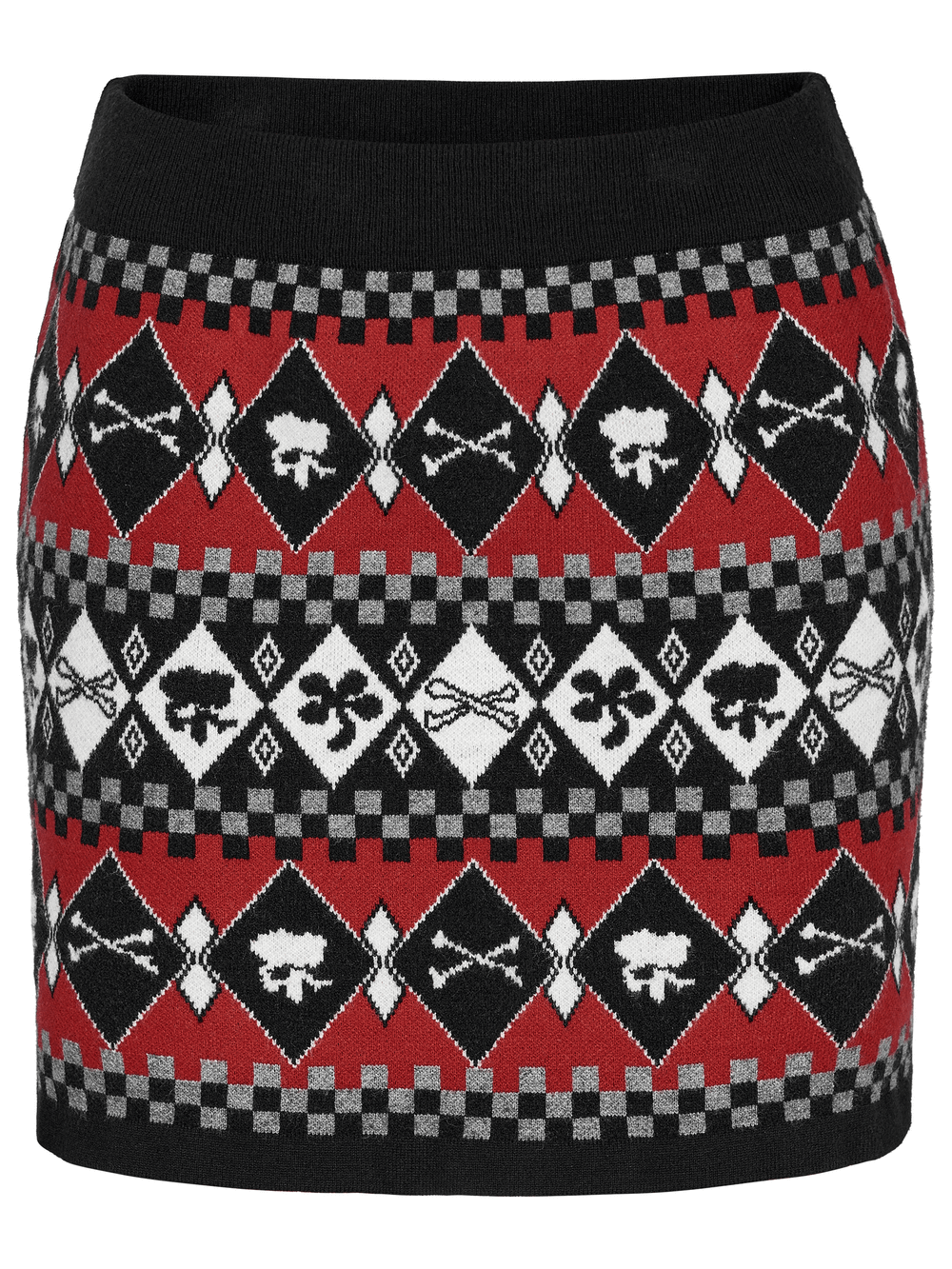 Wool-blend knit skirt featuring a bold geometric skull design in red and black, ideal for trendy outfits.