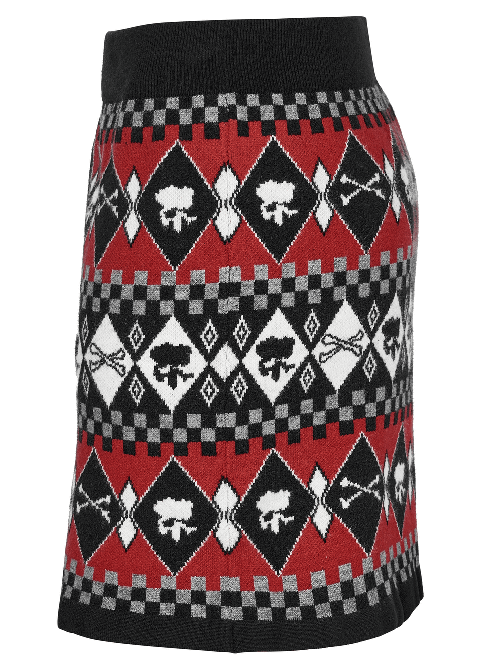 Wool-blend knit skirt featuring bold geometric skull design in red, black, and white, perfect for casual or formal wear.