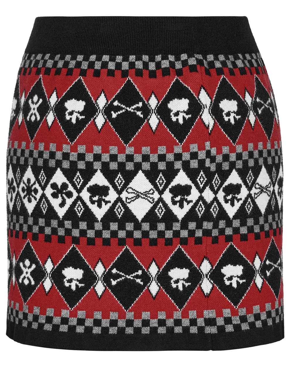 Wool-blend knit skirt with geometric skull design in red and black, perfect for casual to formal wear.