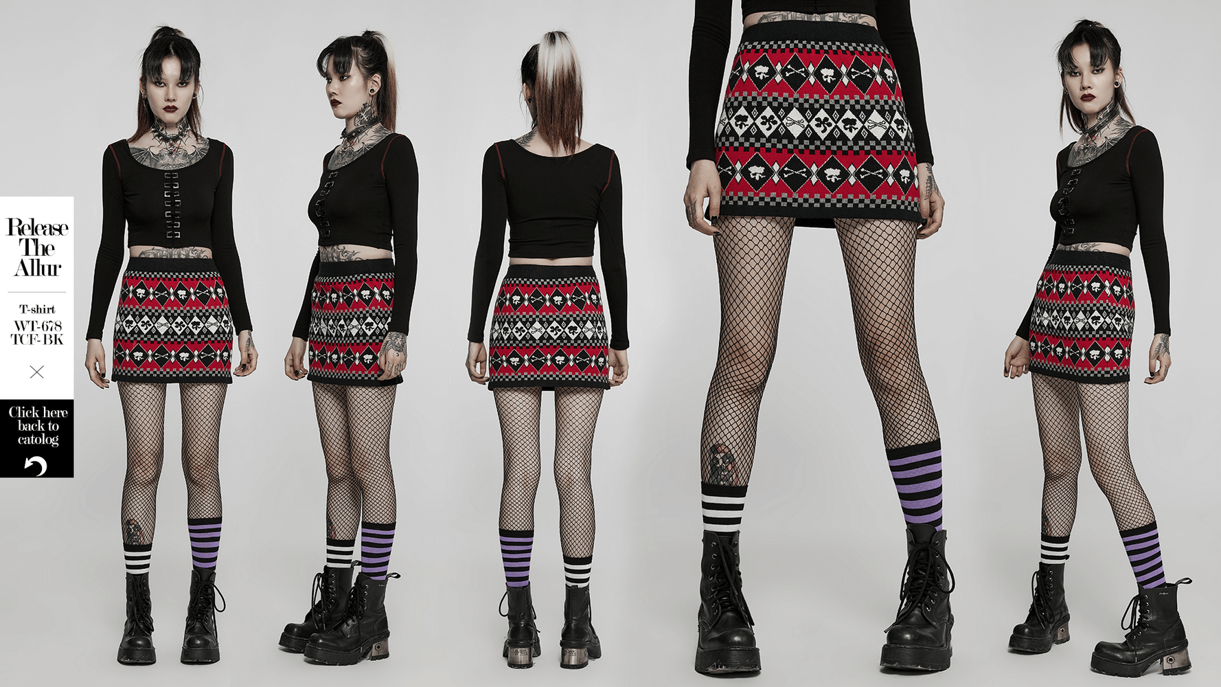 Wool-blend knit skirt with geometric skull design in red and black, styled with a black top and fishnet stockings.