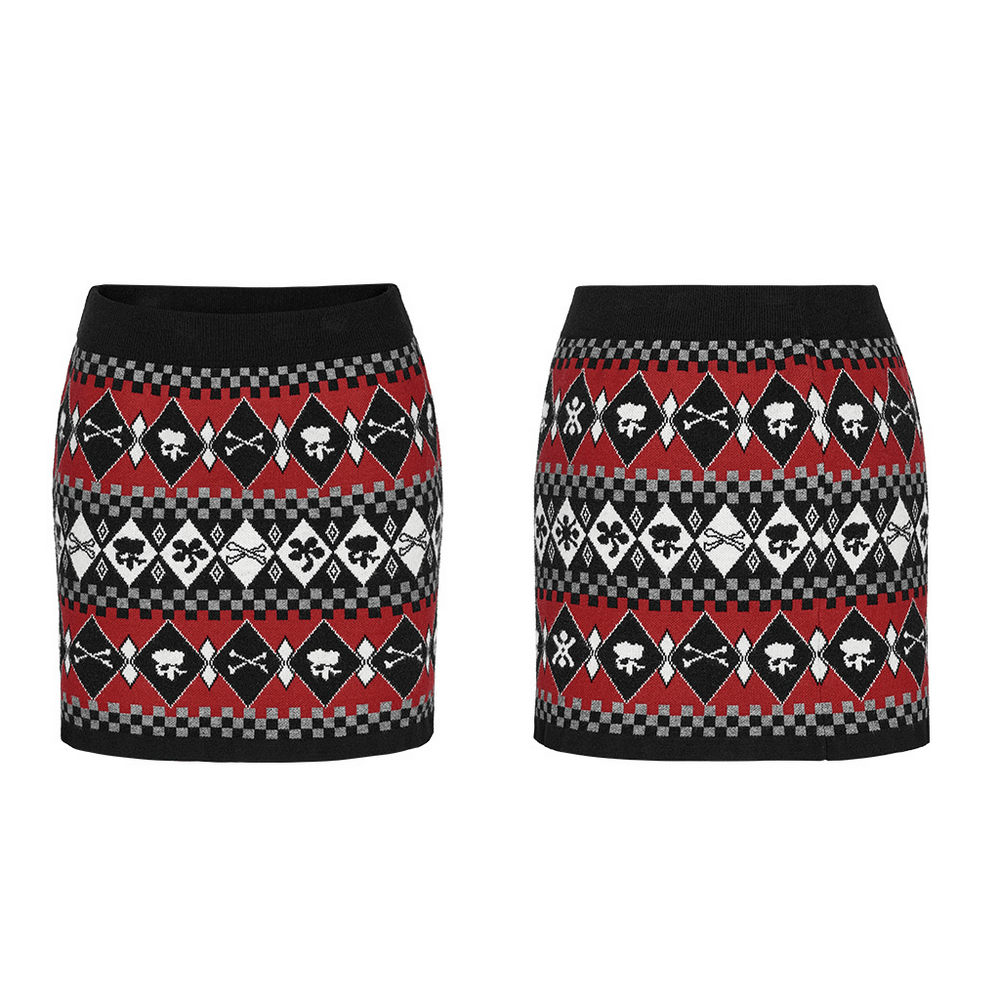 Wool-blend knit skirt featuring a bold geometric skull design in red, black, and white patterns, perfect for any occasion.