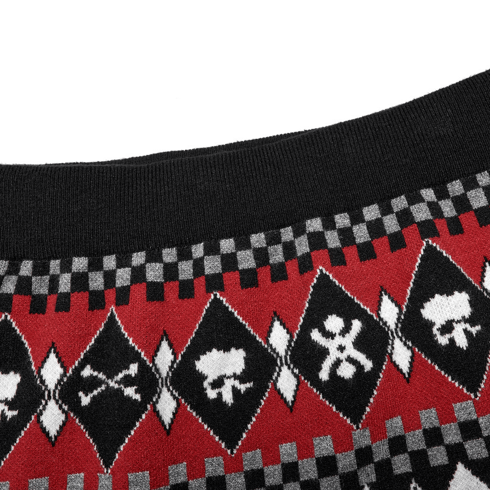 Wool-blend knit skirt featuring a bold geometric skull design in red, black, and white with a trendy checkered pattern.