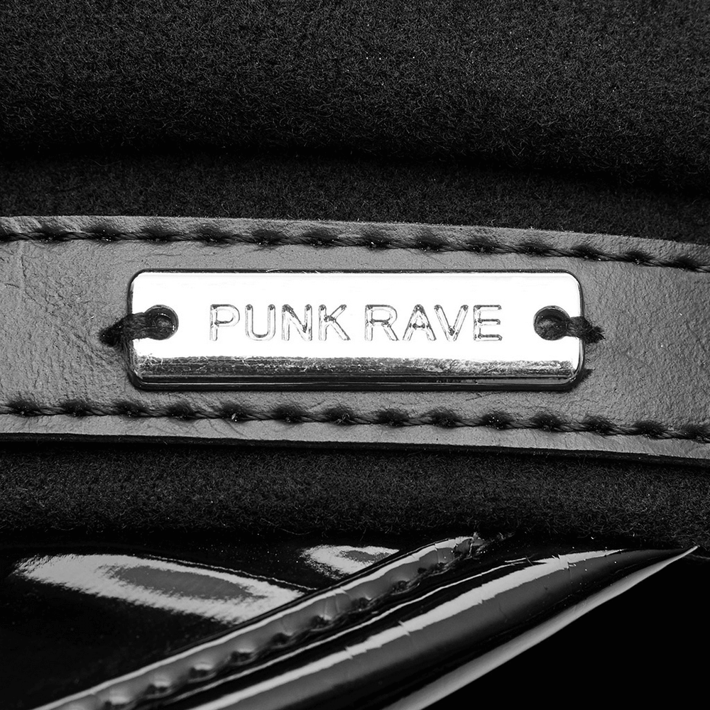 Close-up of metal label on a woolen punk cap, highlighting stylish 'PUNK RAVE' branding and sleek design details.