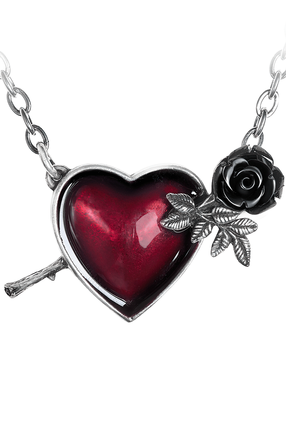 Wounded by Love red heart necklace with black rose and silver chain, perfect for romantic gifts or unique jewelry collection.
