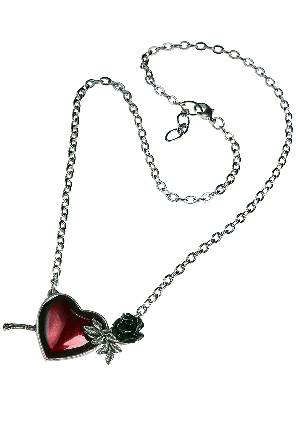 Wounded by Love red heart necklace with black rose on a silver chain, perfect for romantic gifts.
