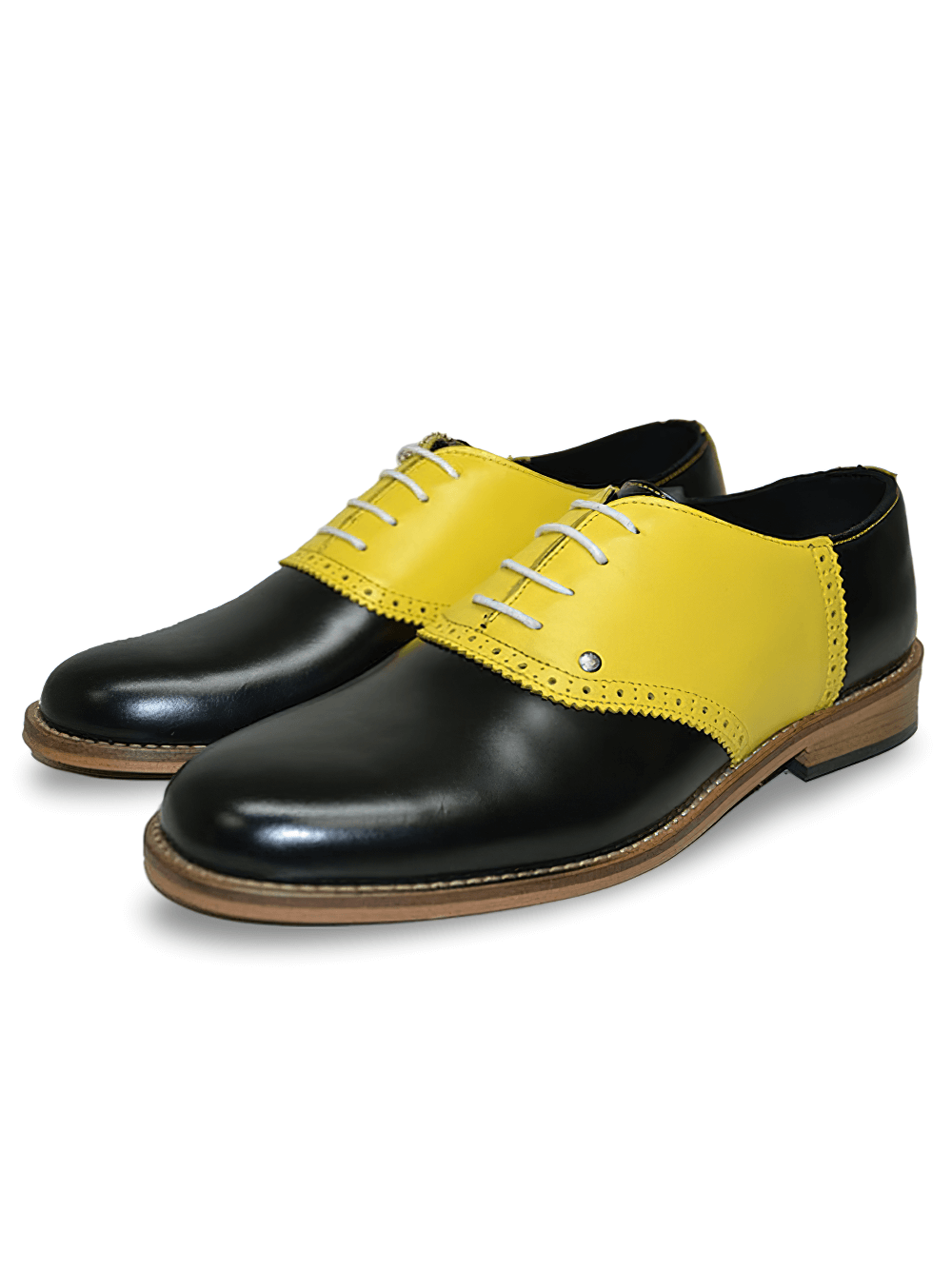 Yellow And Black Leather Bowling Flat Shoes With Round Toes
