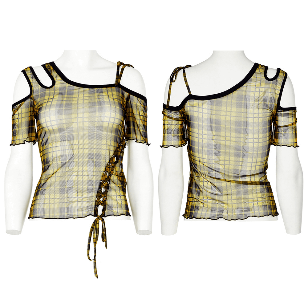 Yellow plaid mesh punk T-shirt with asymmetrical neckline and black trim, perfect for edgy daily style.