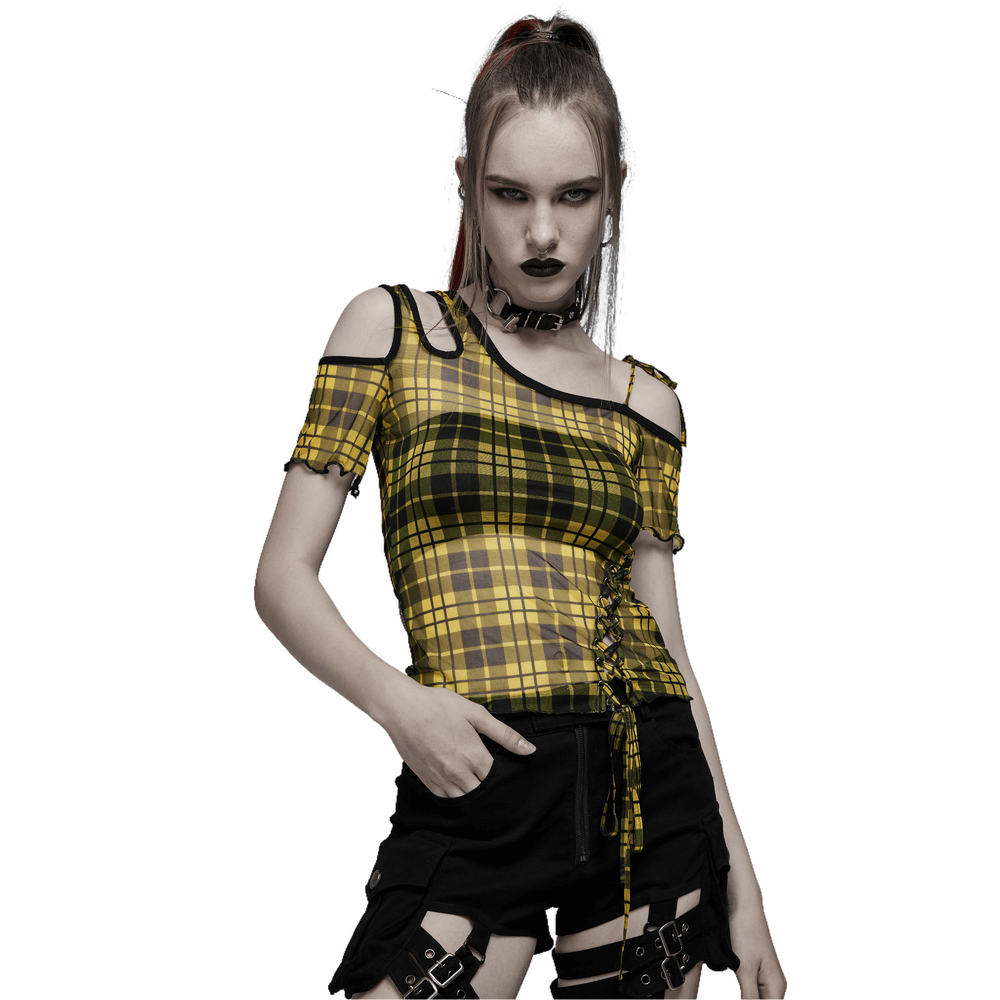 Edgy yellow plaid mesh punk T-shirt with asymmetric neckline, showcasing a bold style for a daring wardrobe.