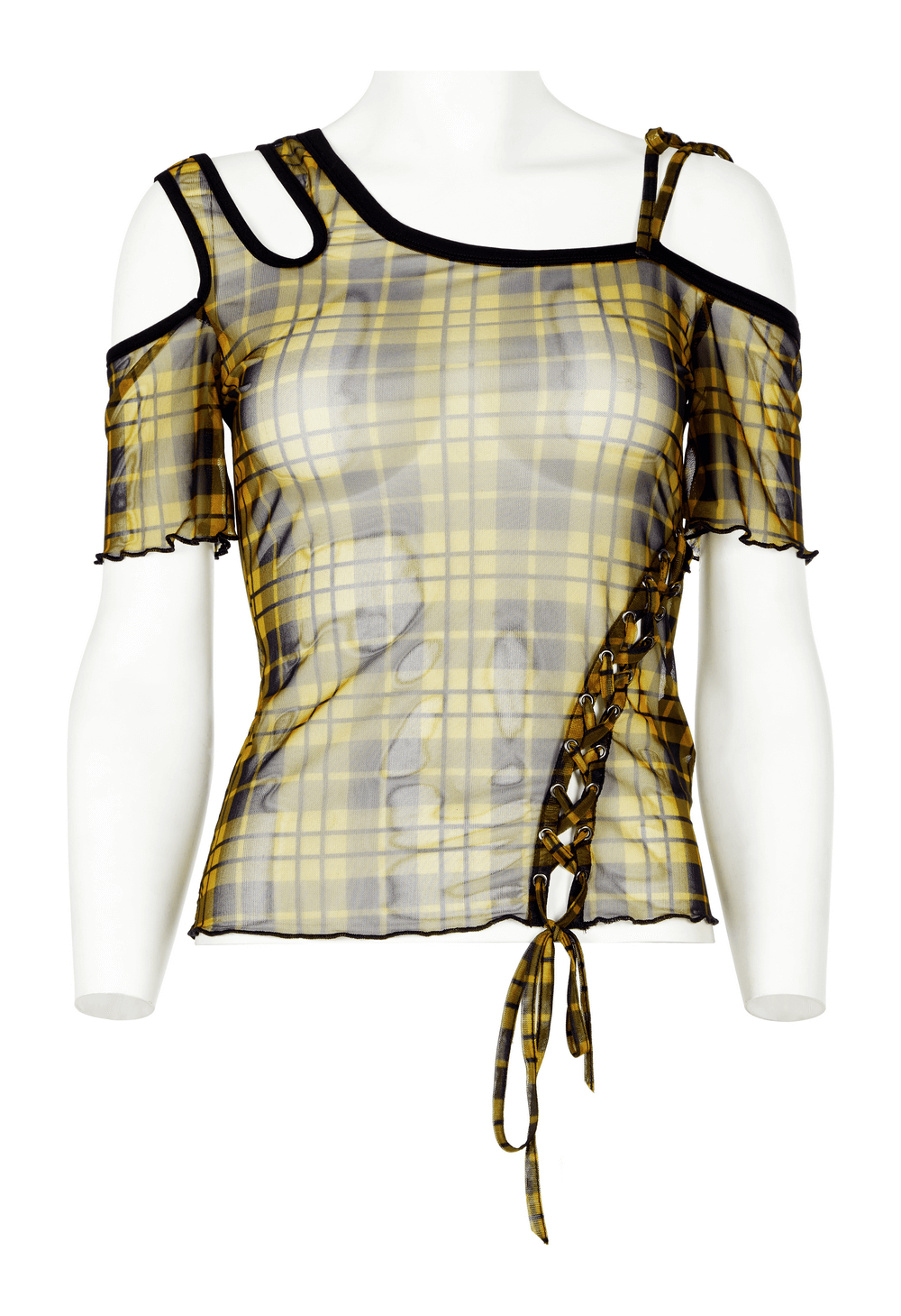 Yellow plaid mesh punk T-shirt with asymmetric neckline and black trim, perfect for edgy, stylish outfits.