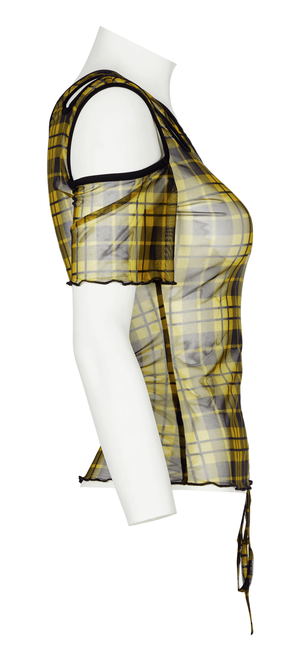 Yellow plaid mesh punk T-shirt with asymmetric neckline and black trim, showcasing edgy style and fashion.