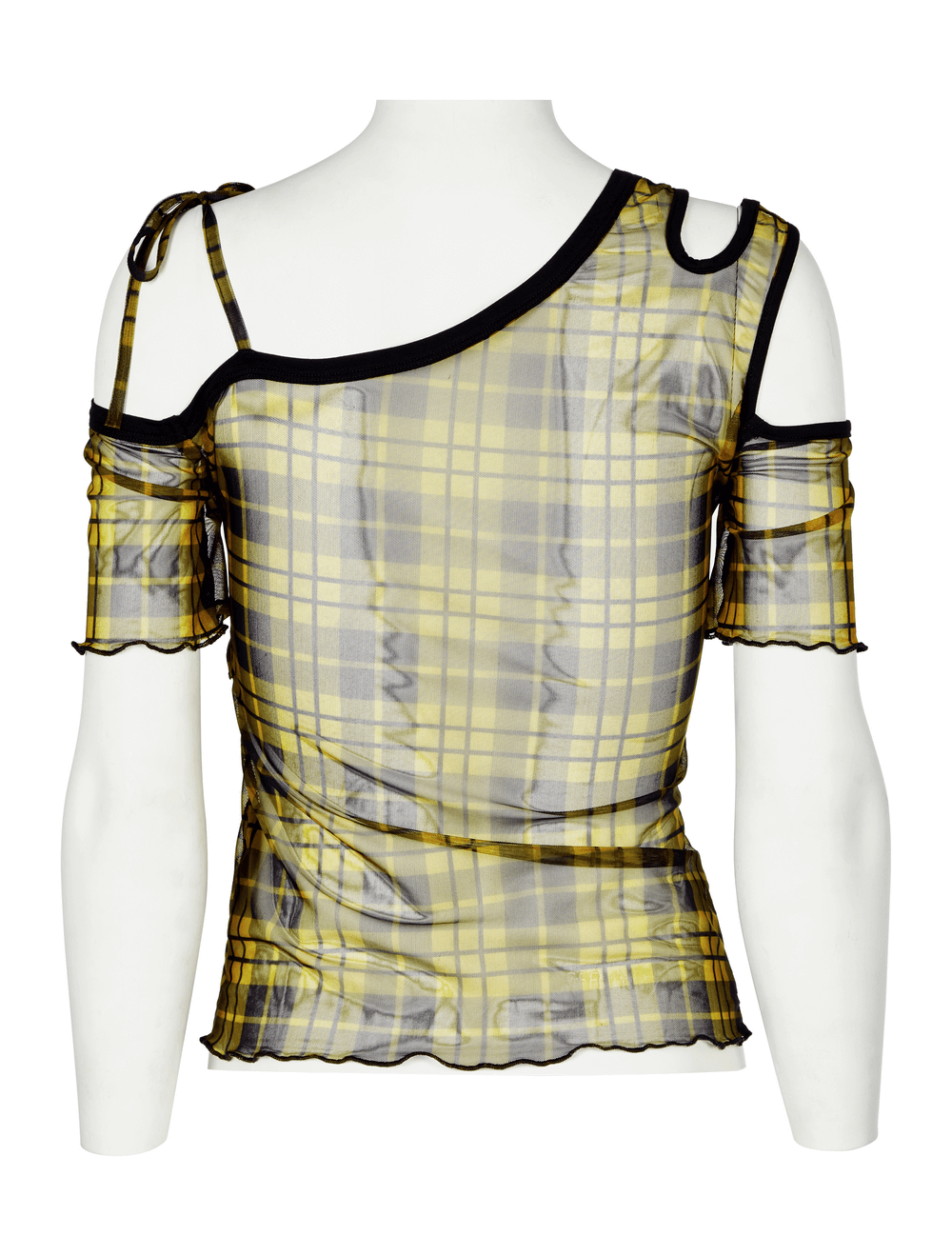 Edgy yellow plaid mesh punk T-shirt with asymmetric neckline and black trim detail.