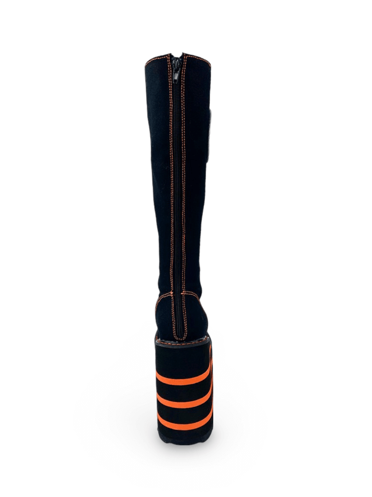 YRU Black and Orange Platform Knee Boots with Pumpkin Patch