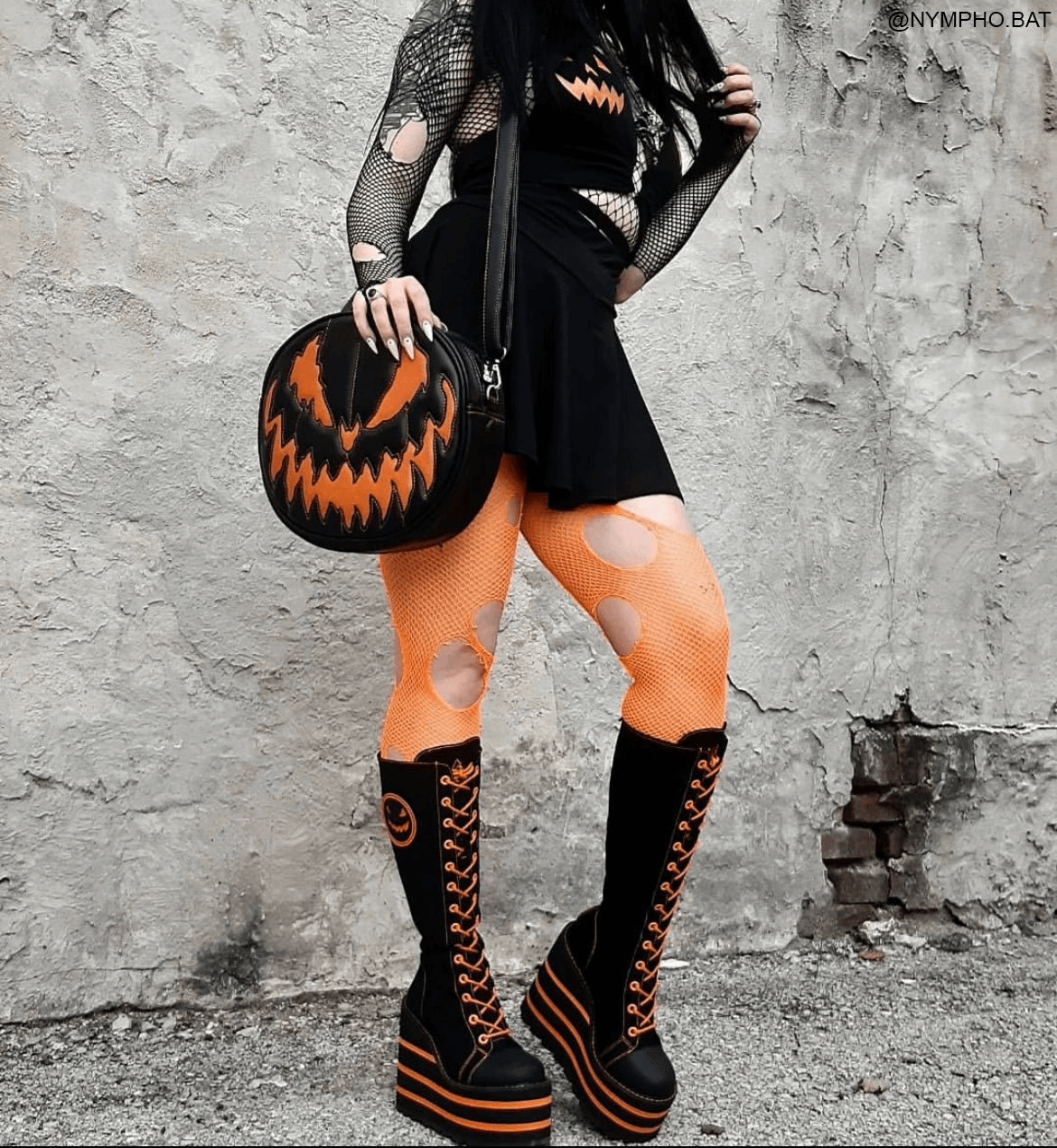 YRU Black and Orange Platform Knee Boots with Pumpkin Patch