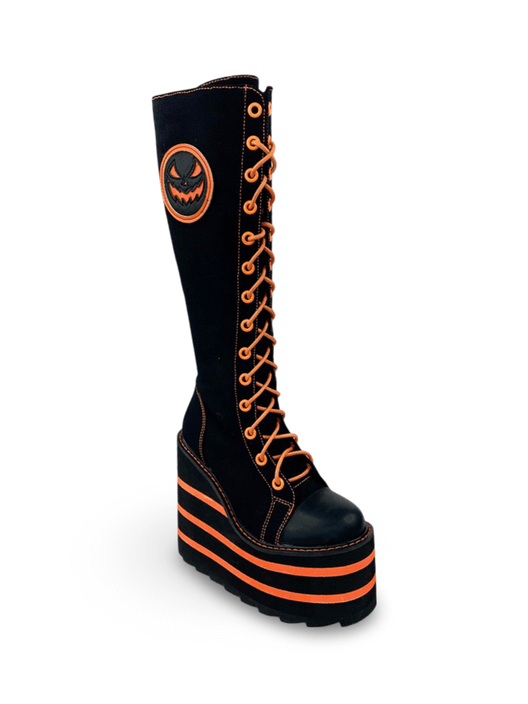 YRU Black and Orange Platform Knee Boots with Pumpkin Patch