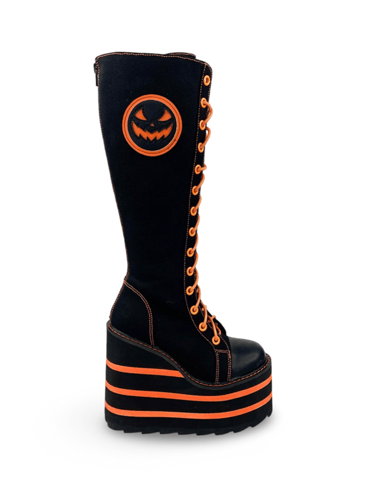 YRU Black and Orange Platform Knee Boots with Pumpkin Patch