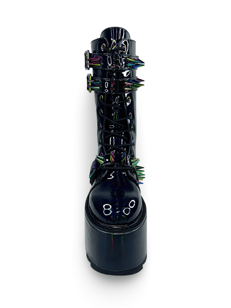 YRU Black Hologram Rave Boots with Metal Spikes